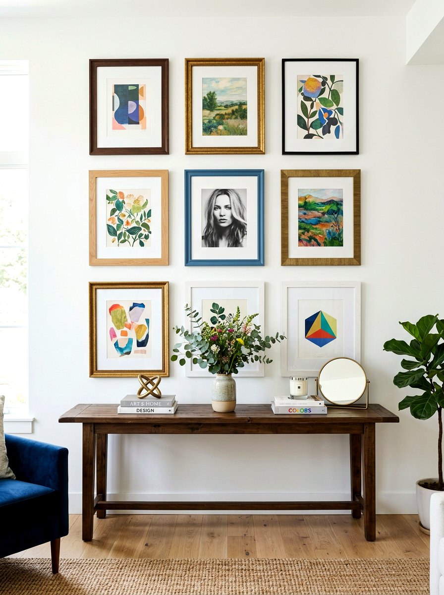 Symmetrical Gallery Wall With Mismatched Frames - 30 eclectic frame wall ideas