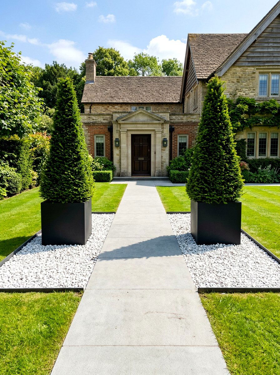 Symmetrical Gravel Entryway - 30 gravel front yard landscaping ideas