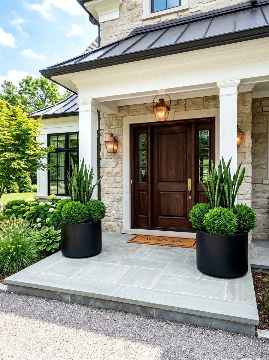 Symmetrical Large Scale Planter Arrangement - 30 luxury front porch styling ideas