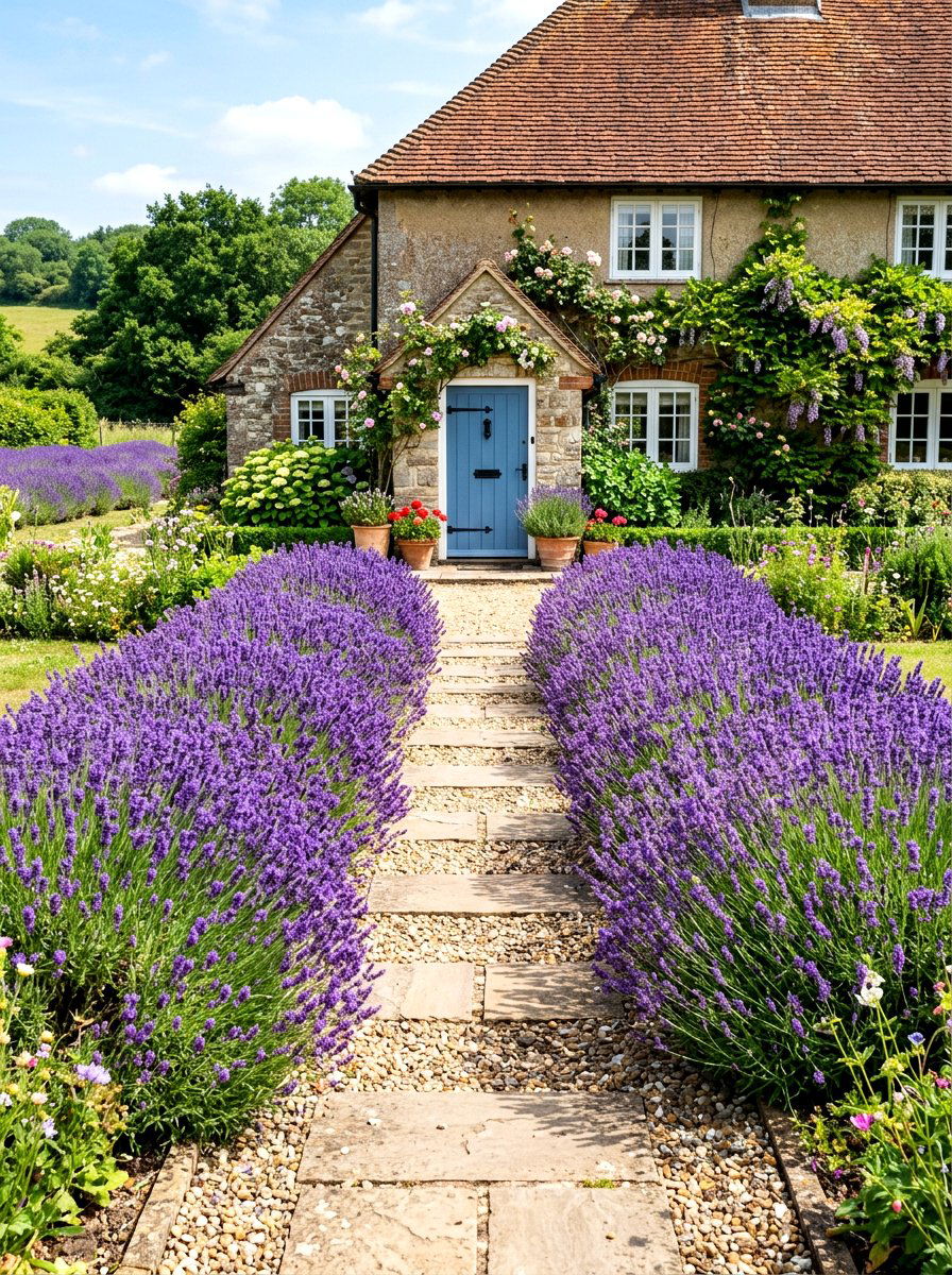 Symmetrical Lavender Walkway Setup - 30 symmetrical front yard ideas
