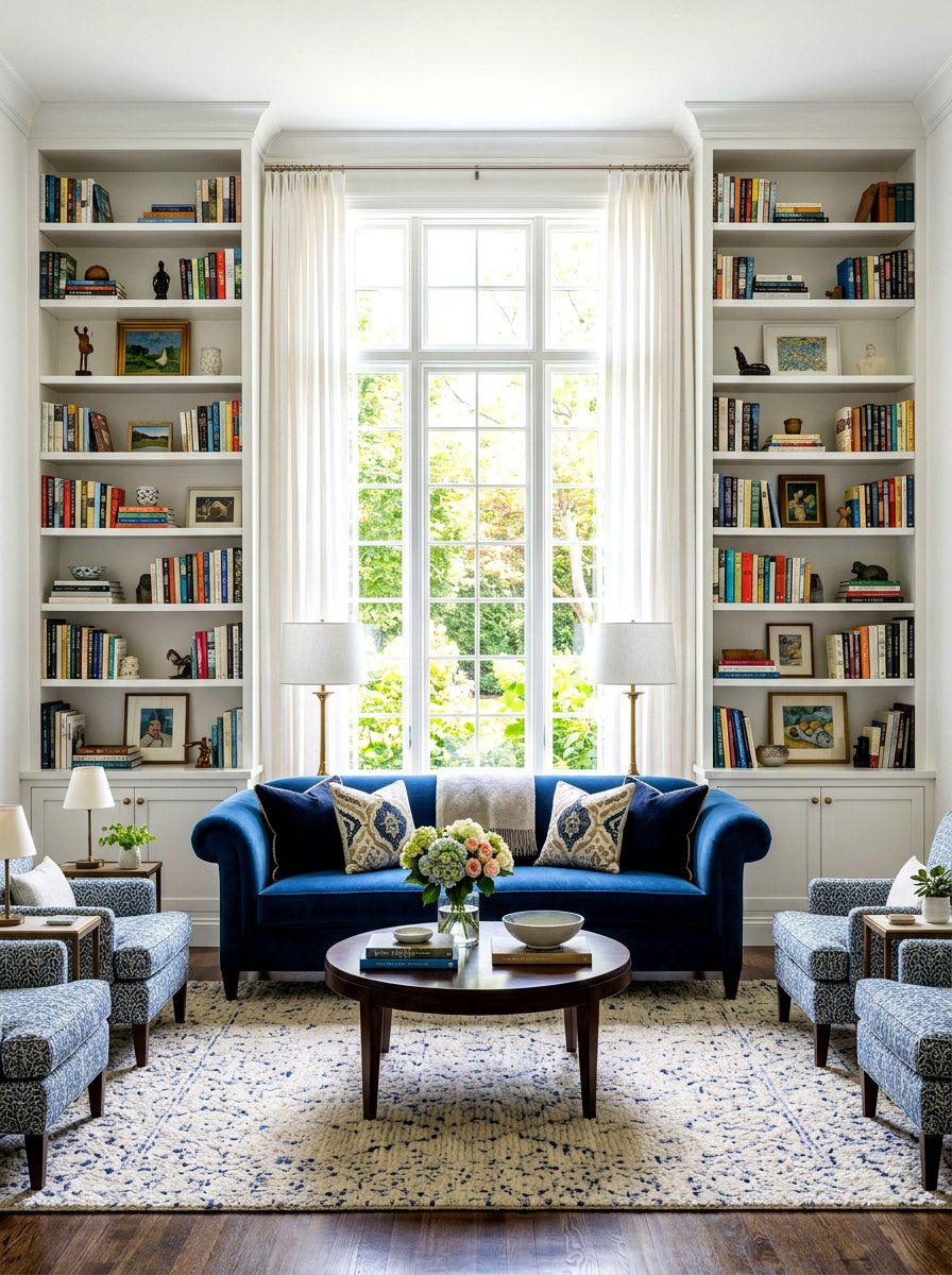 Symmetrical Living Room Shelves - 30 library style living room ideas