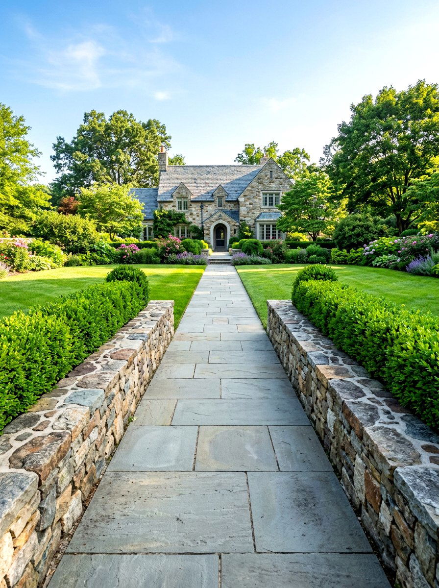 Symmetrical Low Stone Wall Landscape - 30 symmetrical front yard ideas