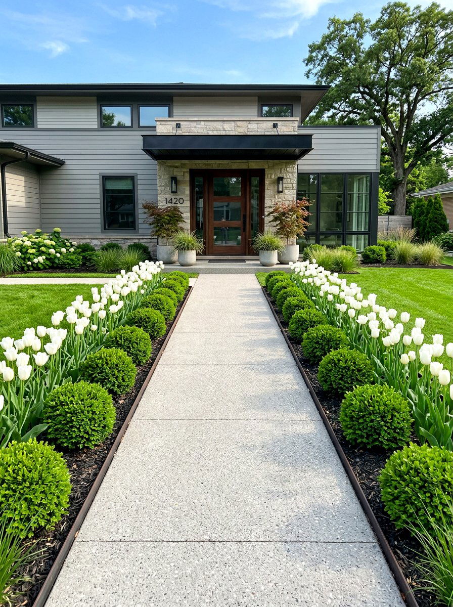 Symmetrical Modern Entry Bed - 30 modern flower bed ideas