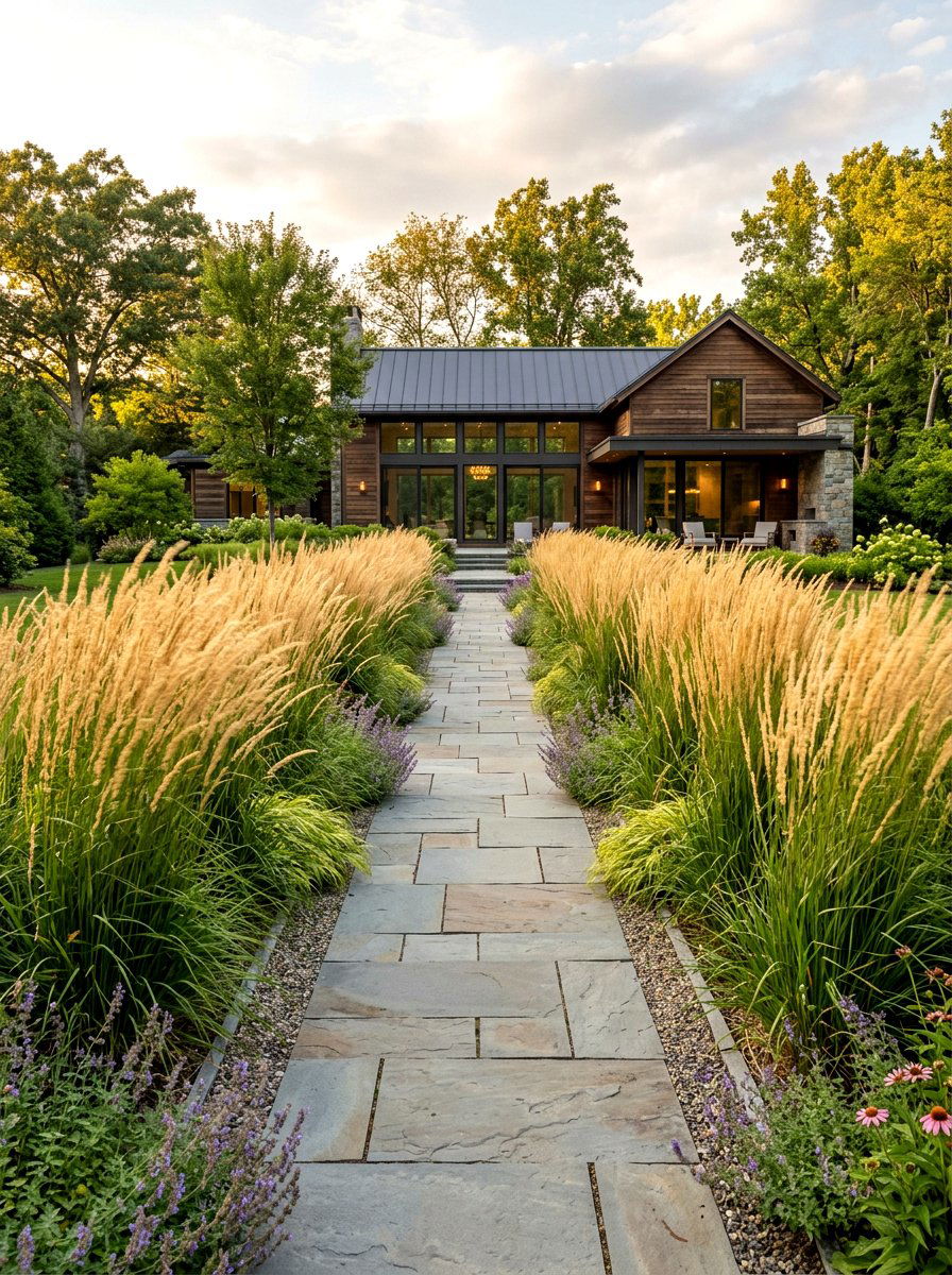 Symmetrical Ornamental Grass Border - 30 symmetrical front yard ideas