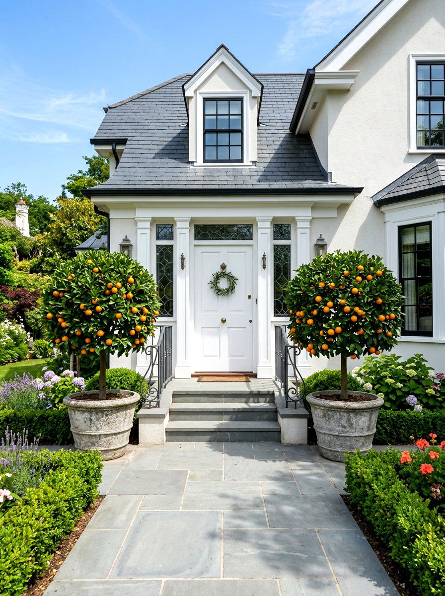 Symmetrical Pair Of Citrus Trees - 30 potted citrus front entry ideas