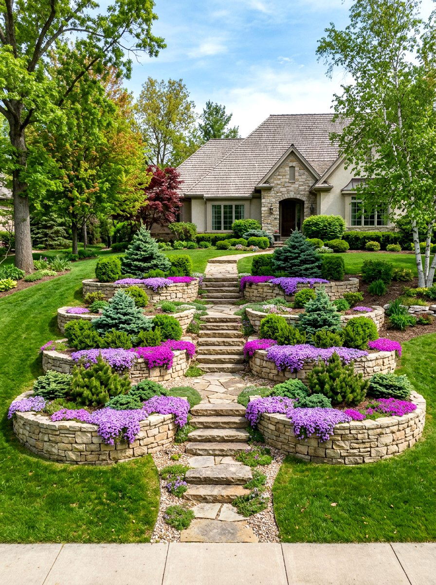 Symmetrical Tiered Retaining Wall Garden - 30 symmetrical front yard ideas
