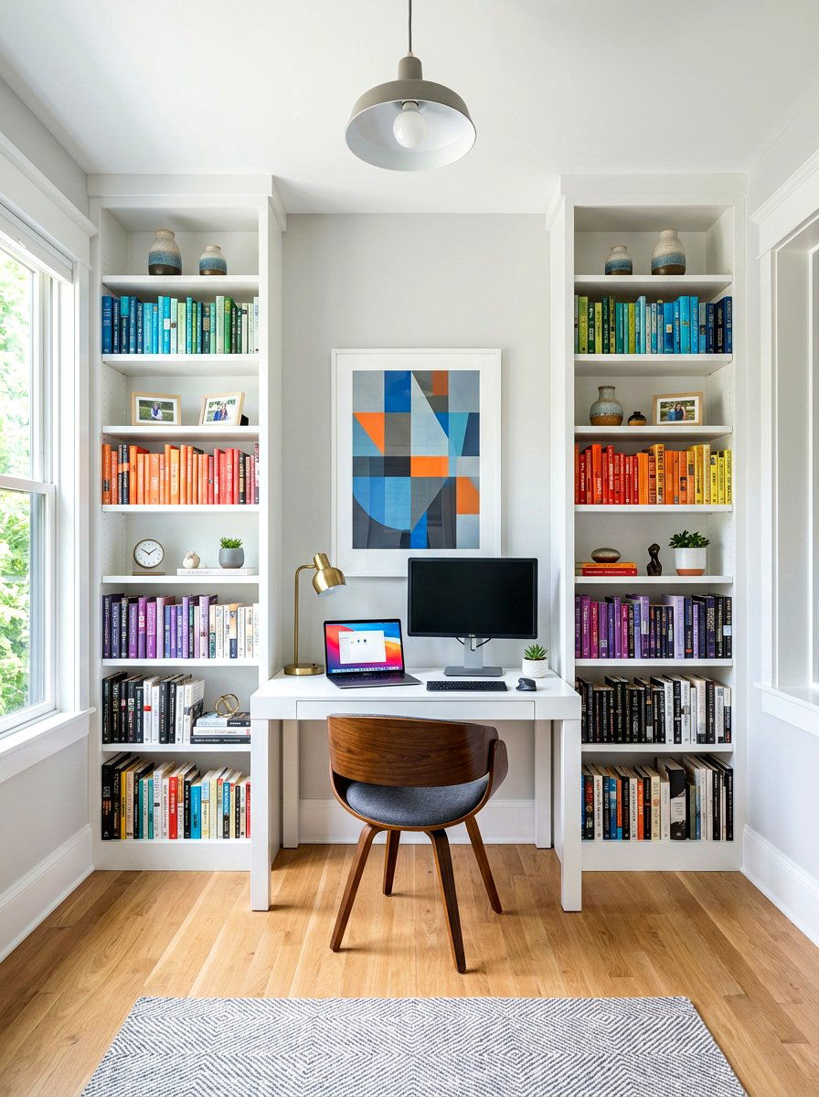 Symmetrical Twin Bookshelves - 30 office backdrop shelf ideas