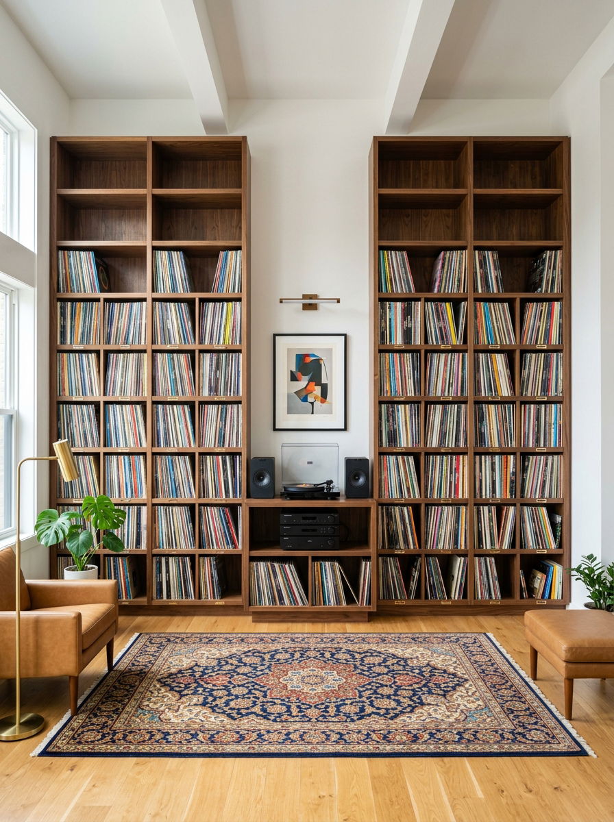 Symmetrical Vinyl Library Wall - 30 vinyl listening corner ideas