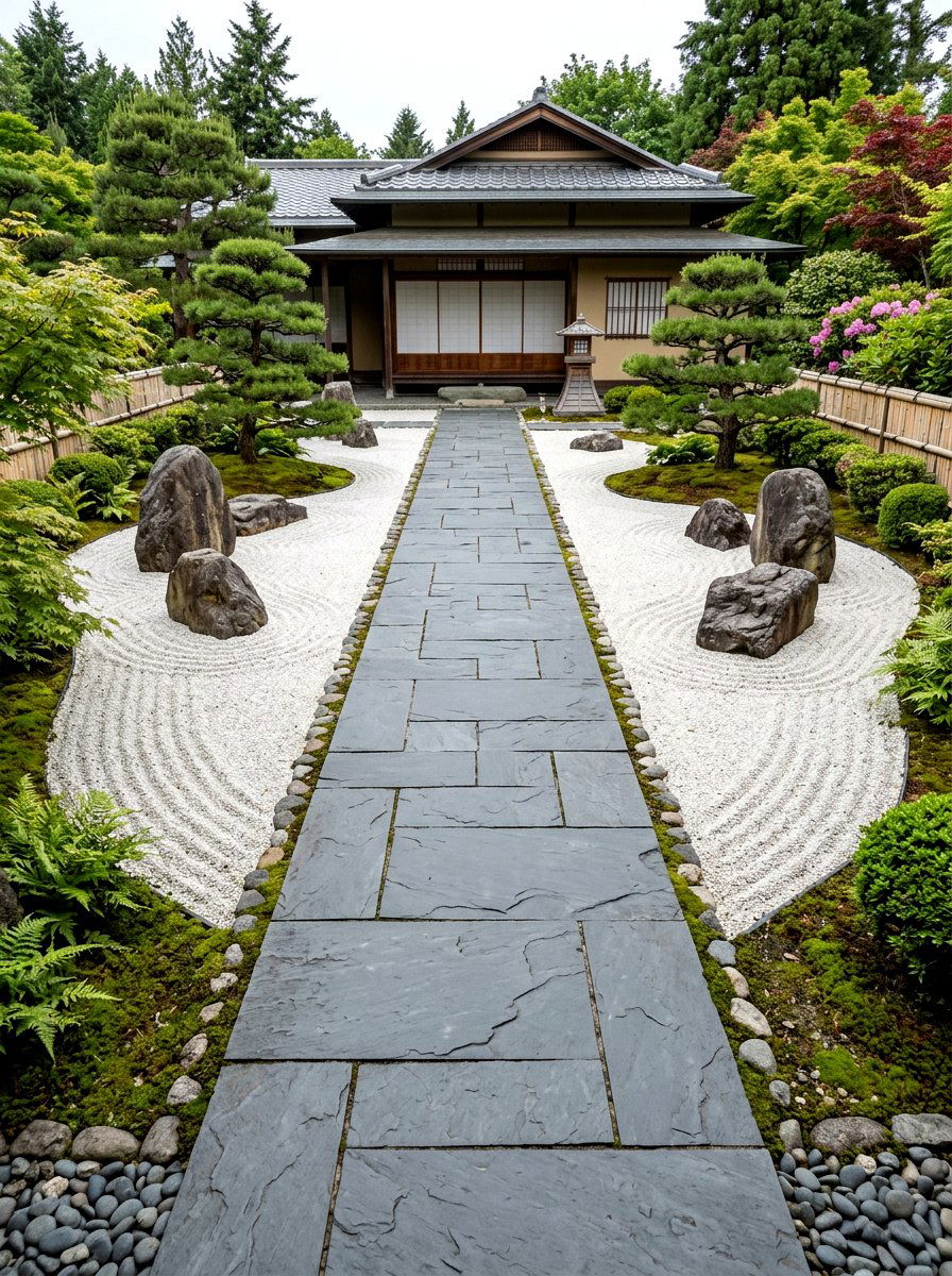 Symmetrical Zen Rock Front Yard - 30 symmetrical front yard ideas