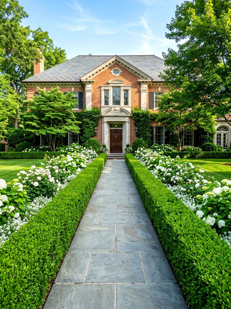 Symmetrical boxwood hedges - 30 front yard makeover ideas