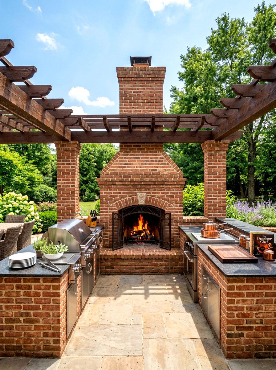 Symmetrical brick fireplace outdoor kitchen - 30 brick outdoor fireplace ideas