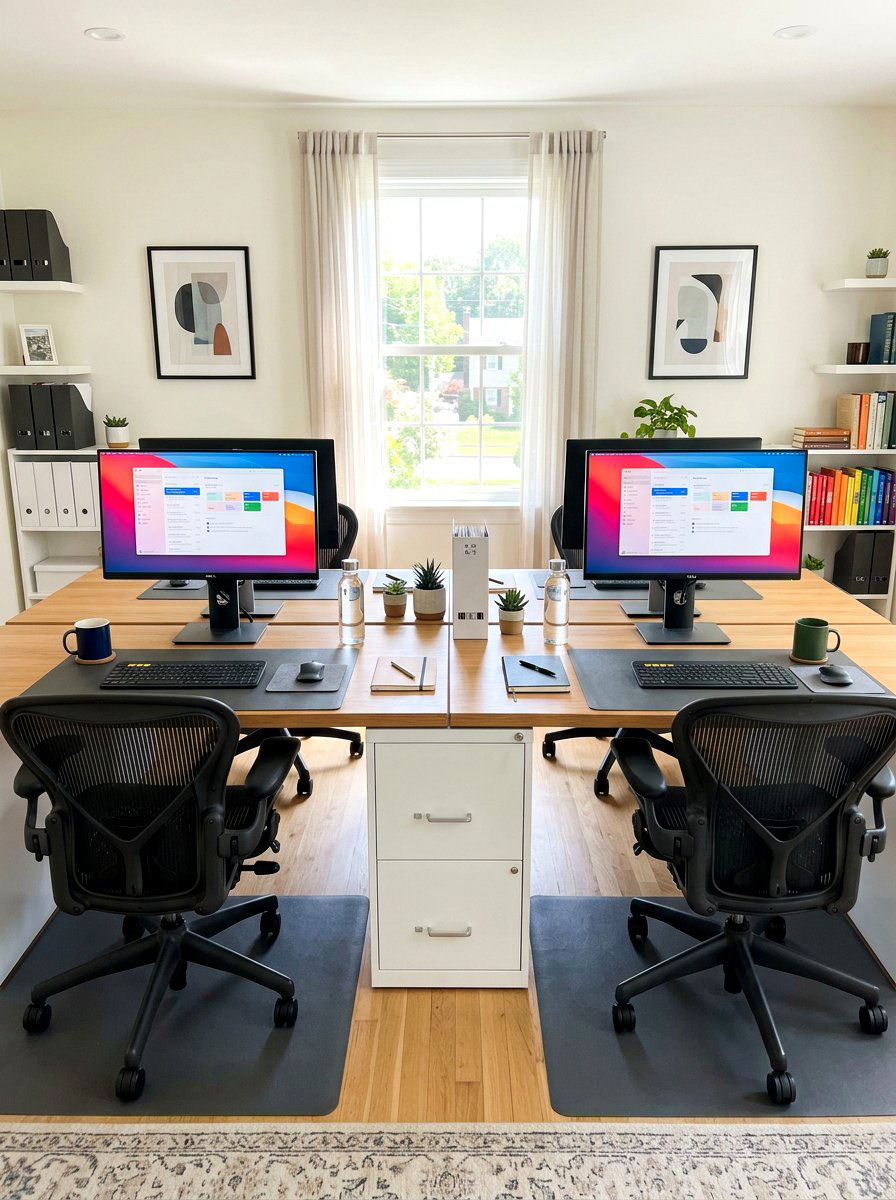 Symmetrical double desk with storage - 30 double desk office ideas