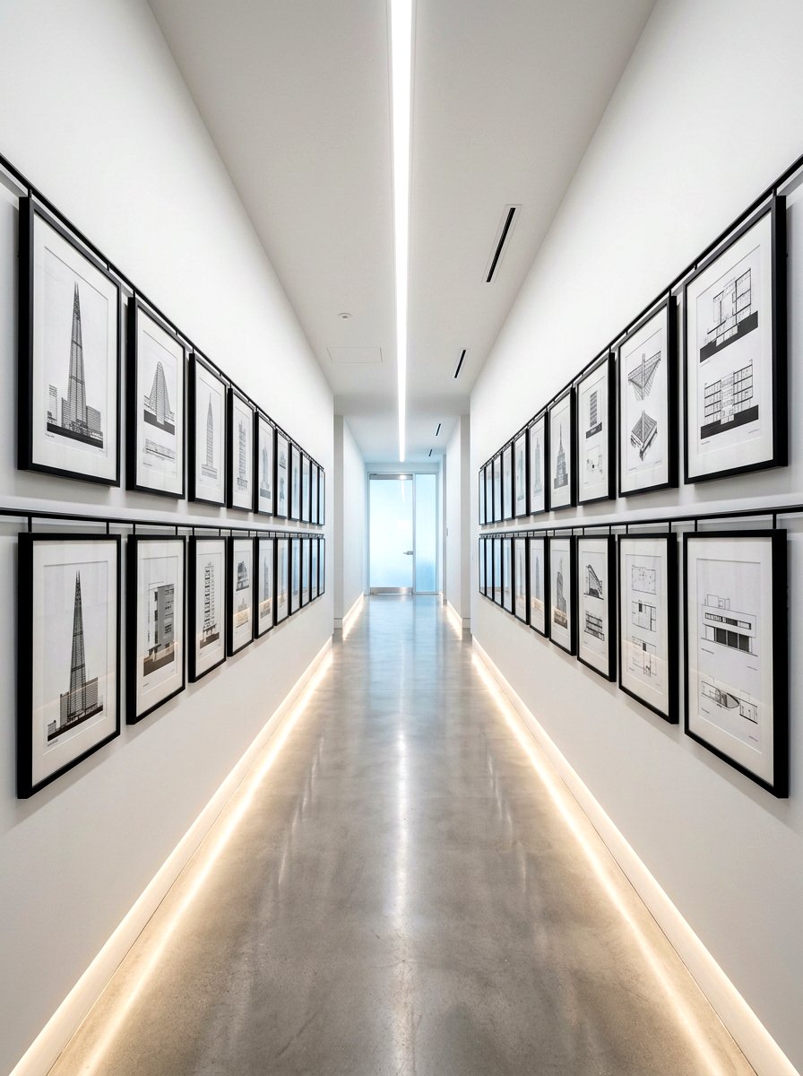 Symmetrical double rail layout - 30 hallway gallery wall ideas