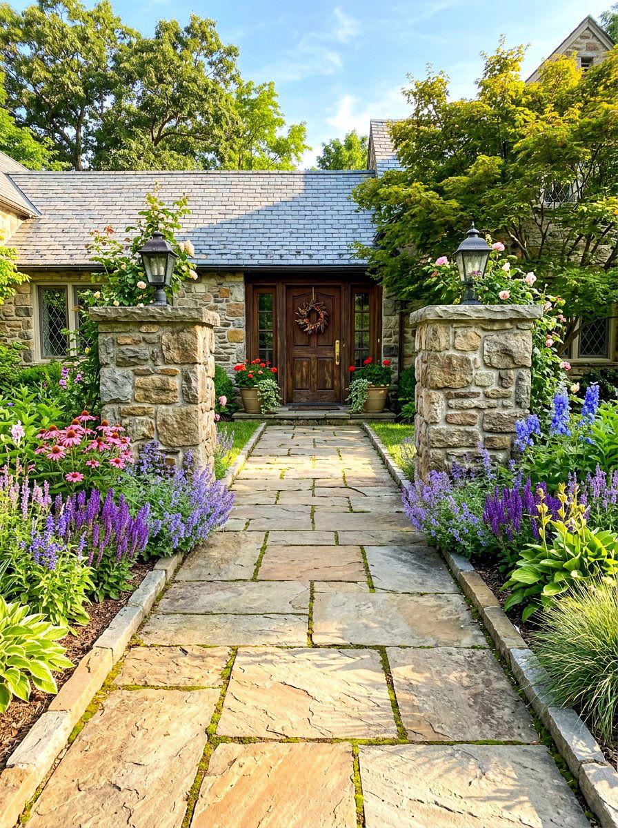 Symmetrical flagstone path entry - 30 symmetrical curb appeal ideas