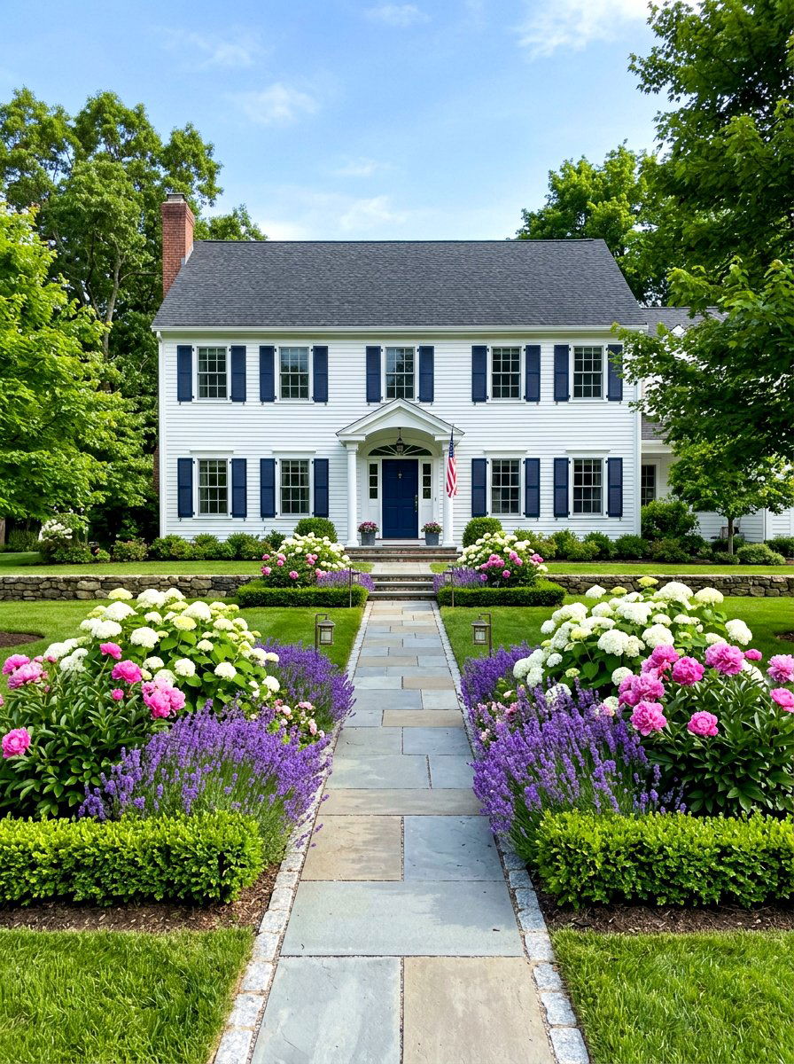 Symmetrical flower beds - 30 colonial front yard ideas