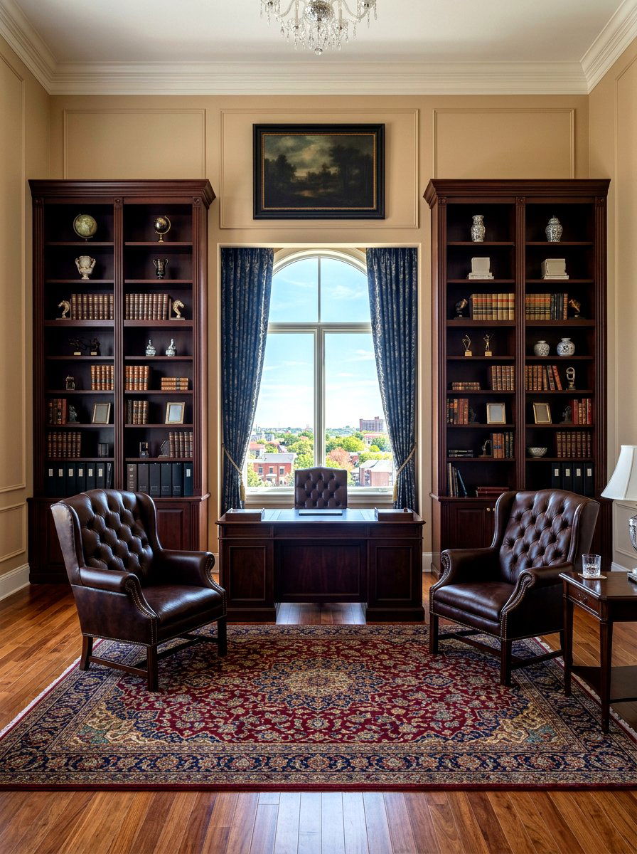 Symmetrical formal office shelves - 30 home office shelf ideas
