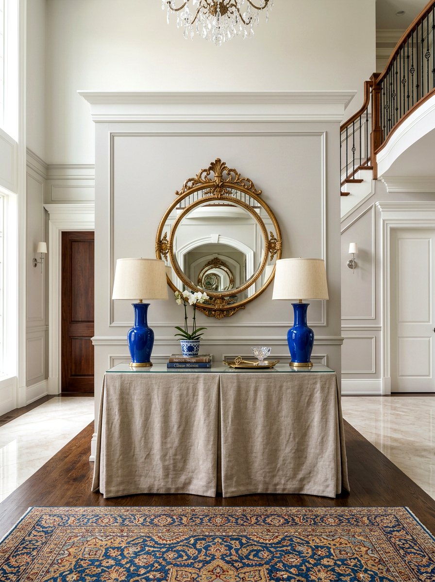 Symmetrical foyer table - 30 skirted console table ideas