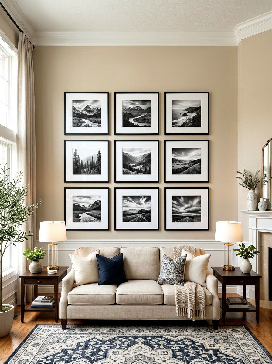 Symmetrical gallery wall - 30 living room wall decor ideas