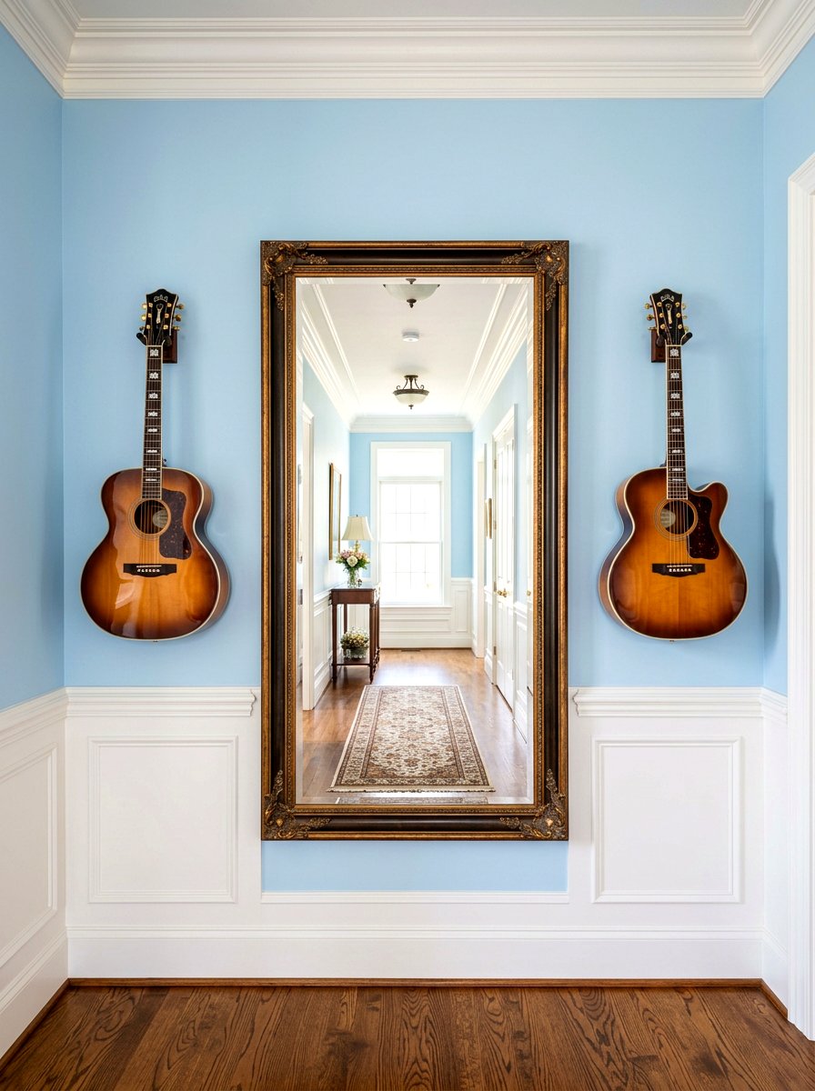 Symmetrical guitar wall layout - 30 guitar wall display ideas