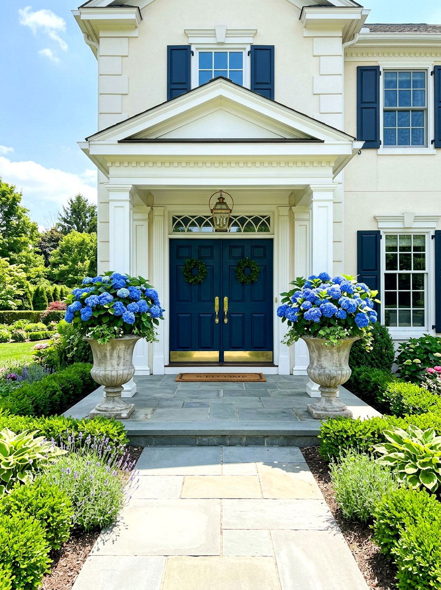 Symmetrical hydrangea porch urns - 30 hydrangea heavy front porch ideas