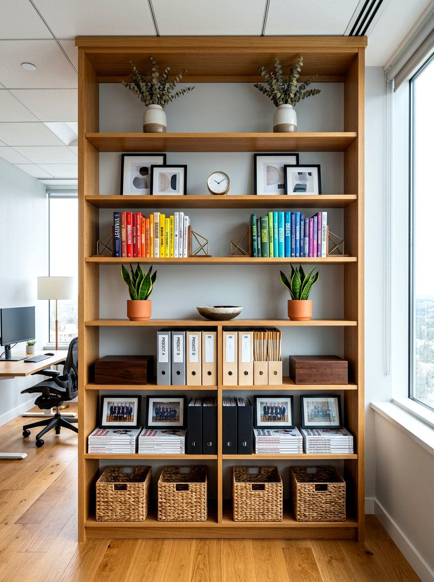 Symmetrical office shelf arrangement - 30 office bookshelf styling ideas