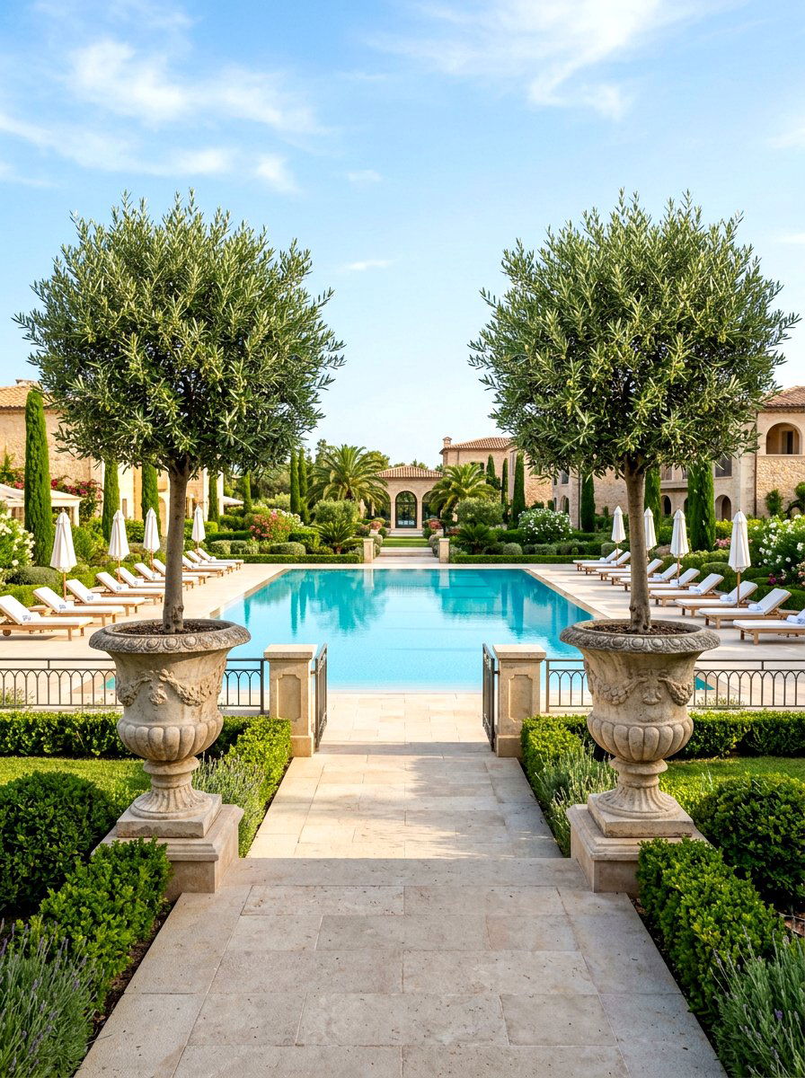 Symmetrical olive trees at pool entrance - 30 poolside olive trees ideas
