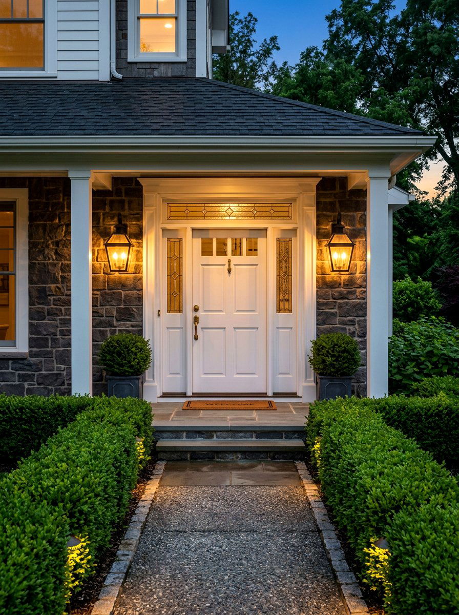 Symmetrical porch lighting - 30 formal front garden ideas