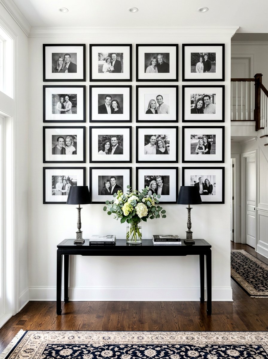 Symmetrical portrait wall arrangement - 30 vintage portrait wall ideas