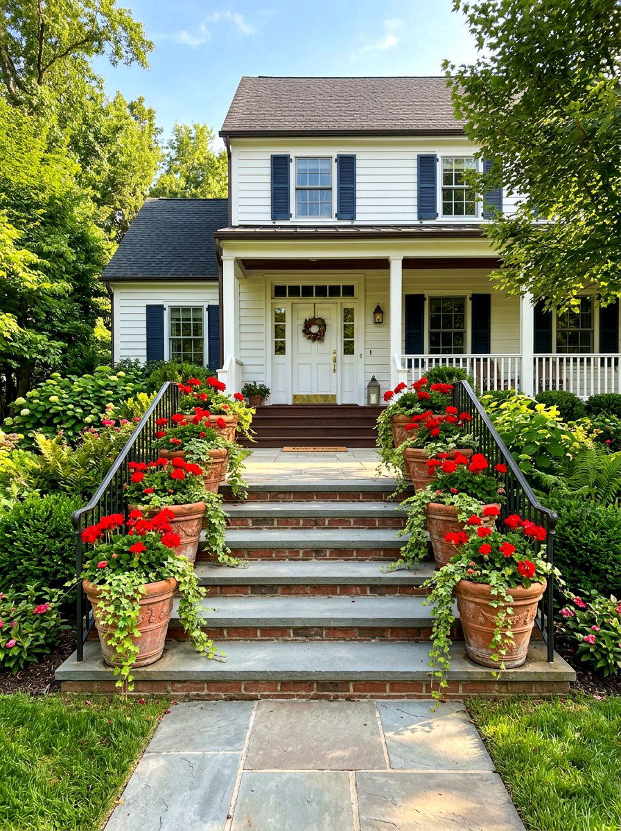 Symmetrical terracotta pots - 30 porch step planter ideas