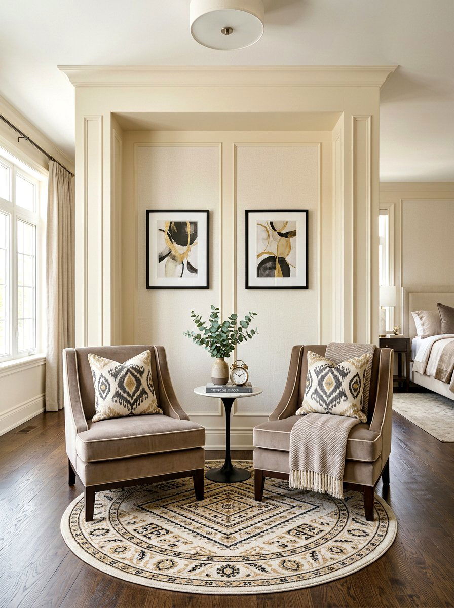Symmetrical twin chairs - 30 bedroom alcove seating ideas