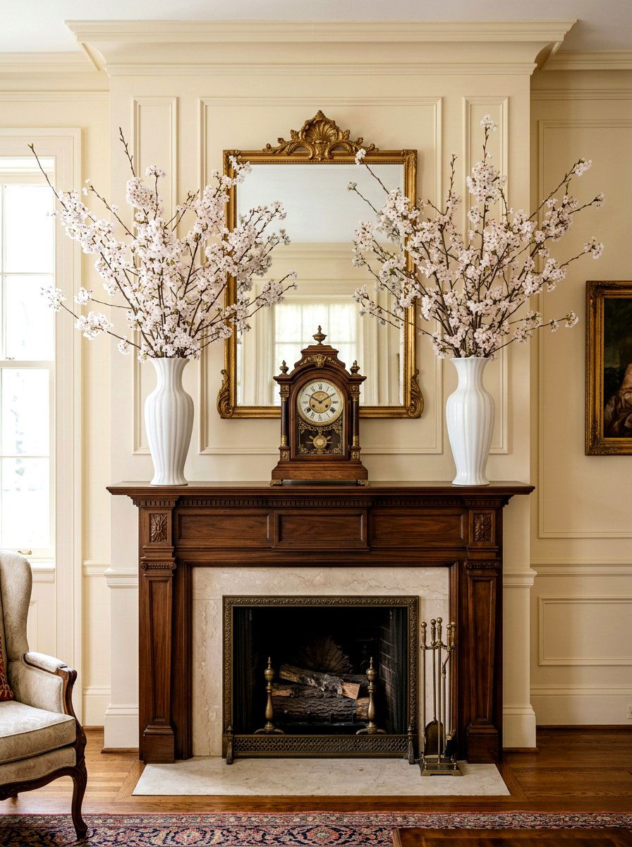 Symmetrical vase arrangement - 30 mantel decor ideas