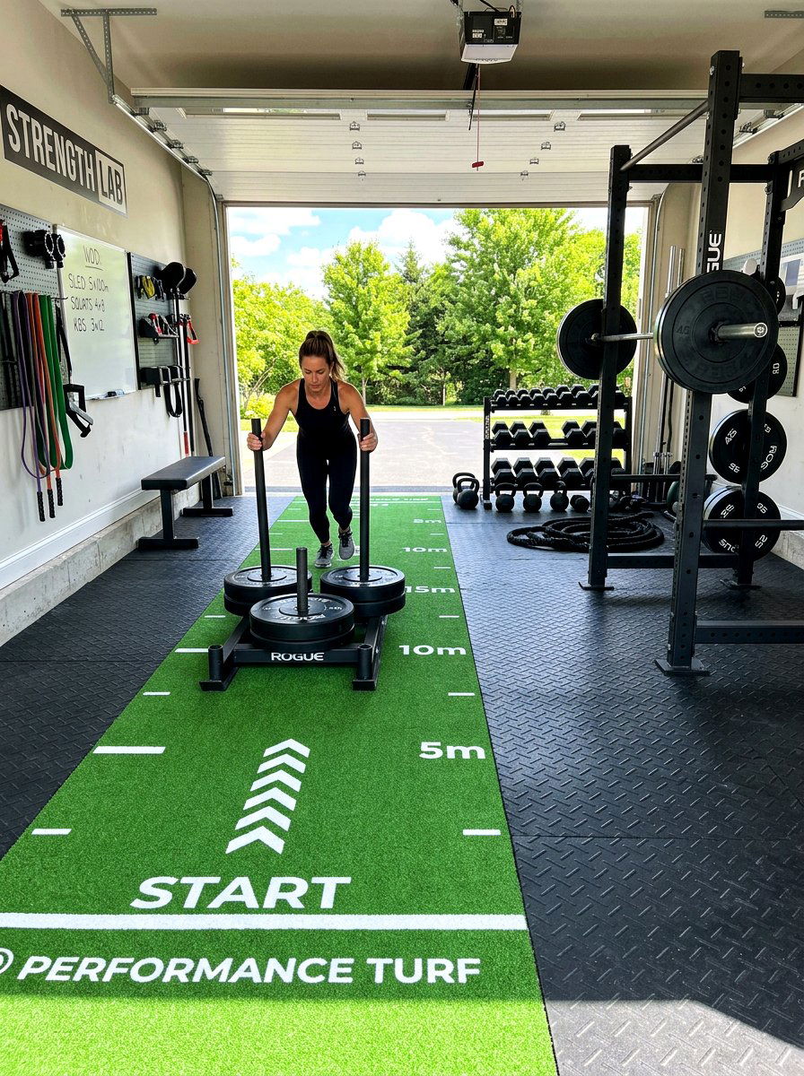 Synthetic gym turf strip - 30 garage gym ideas