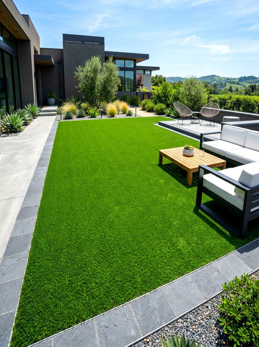 Synthetic turf grass lawn - 30 long narrow backyard ideas