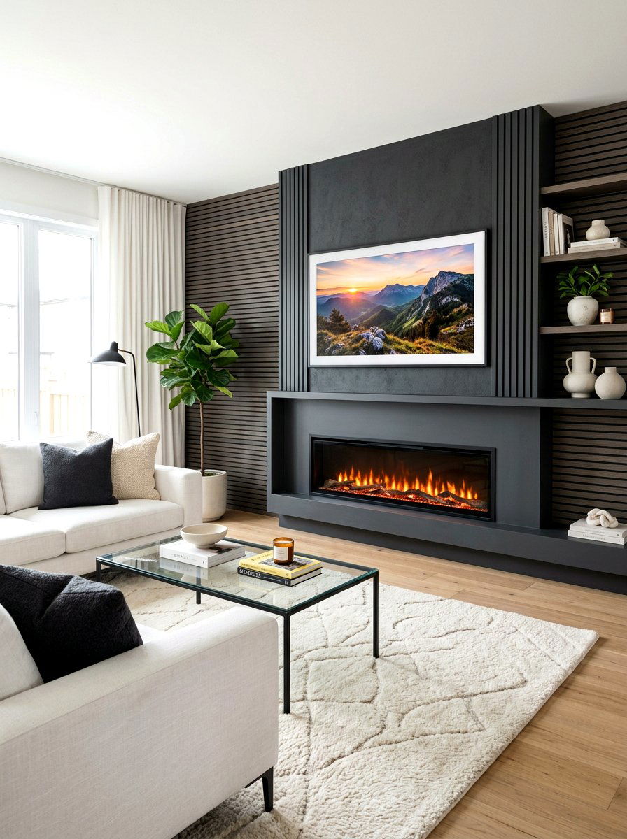 TV Above Linear Electric Fireplace - 30 fireplace and TV layout ideas