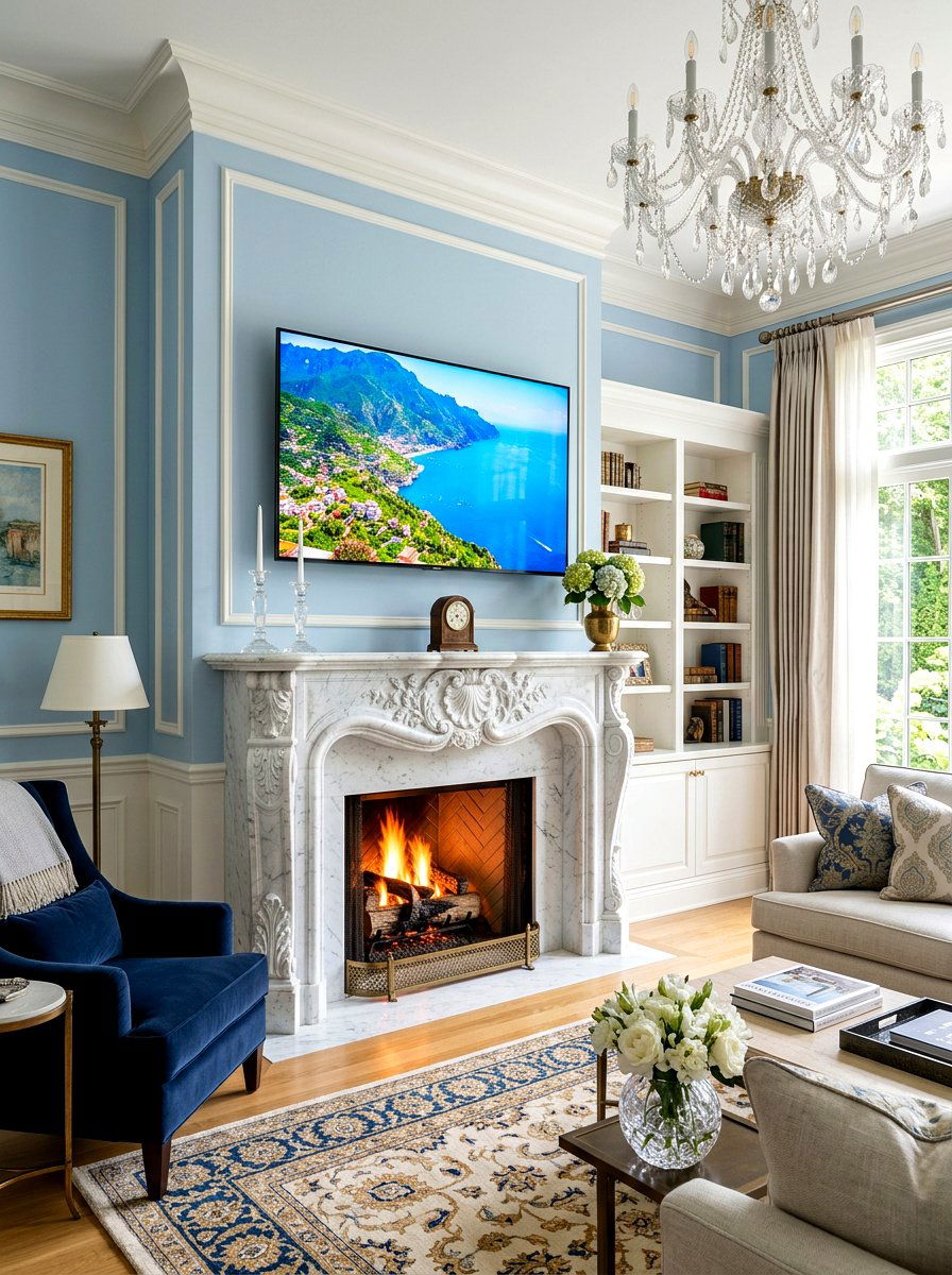 TV Above White Marble Fireplace - 30 fireplace and TV layout ideas