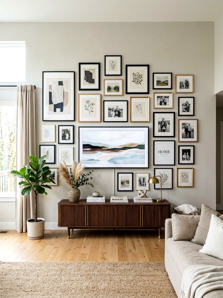 TV Surround Art Arrangement - 30 mini salon wall apartment ideas