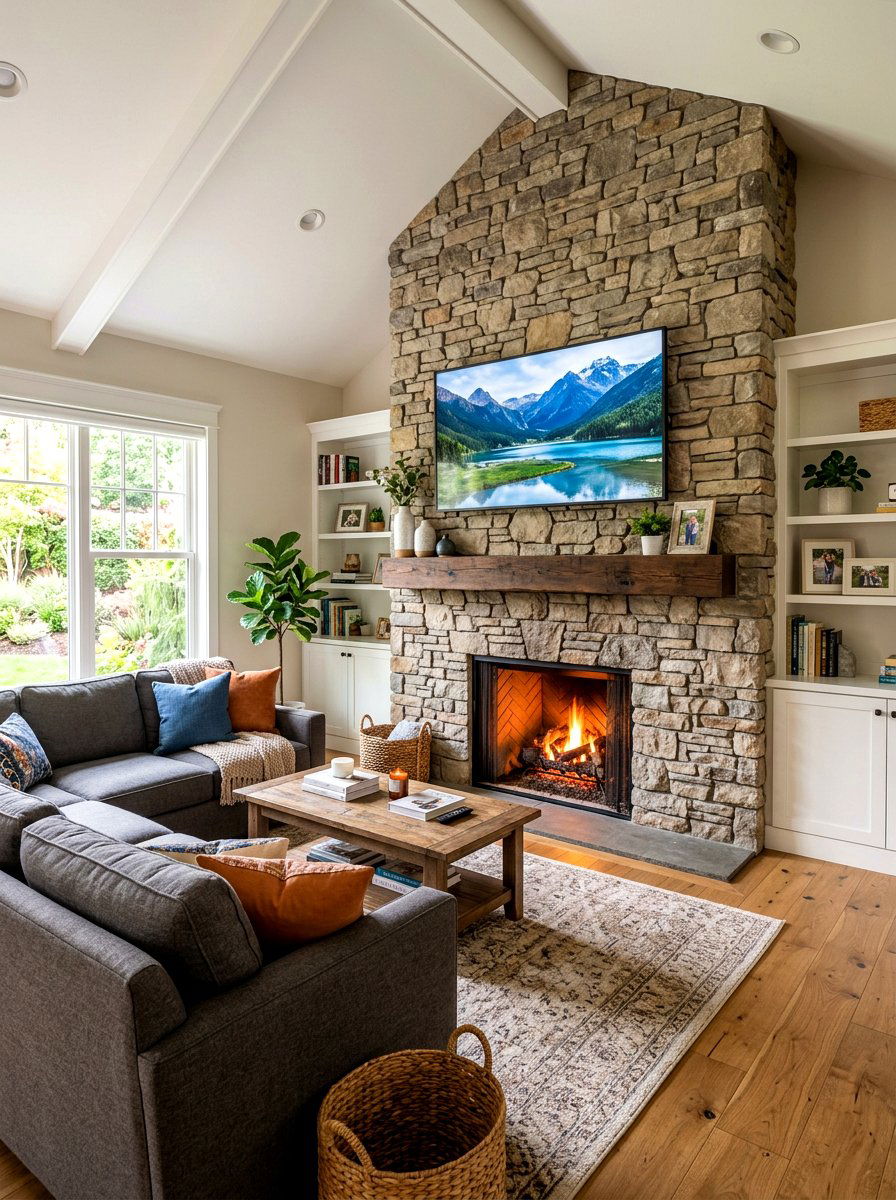 TV above fireplace - 30 living room fireplace ideas