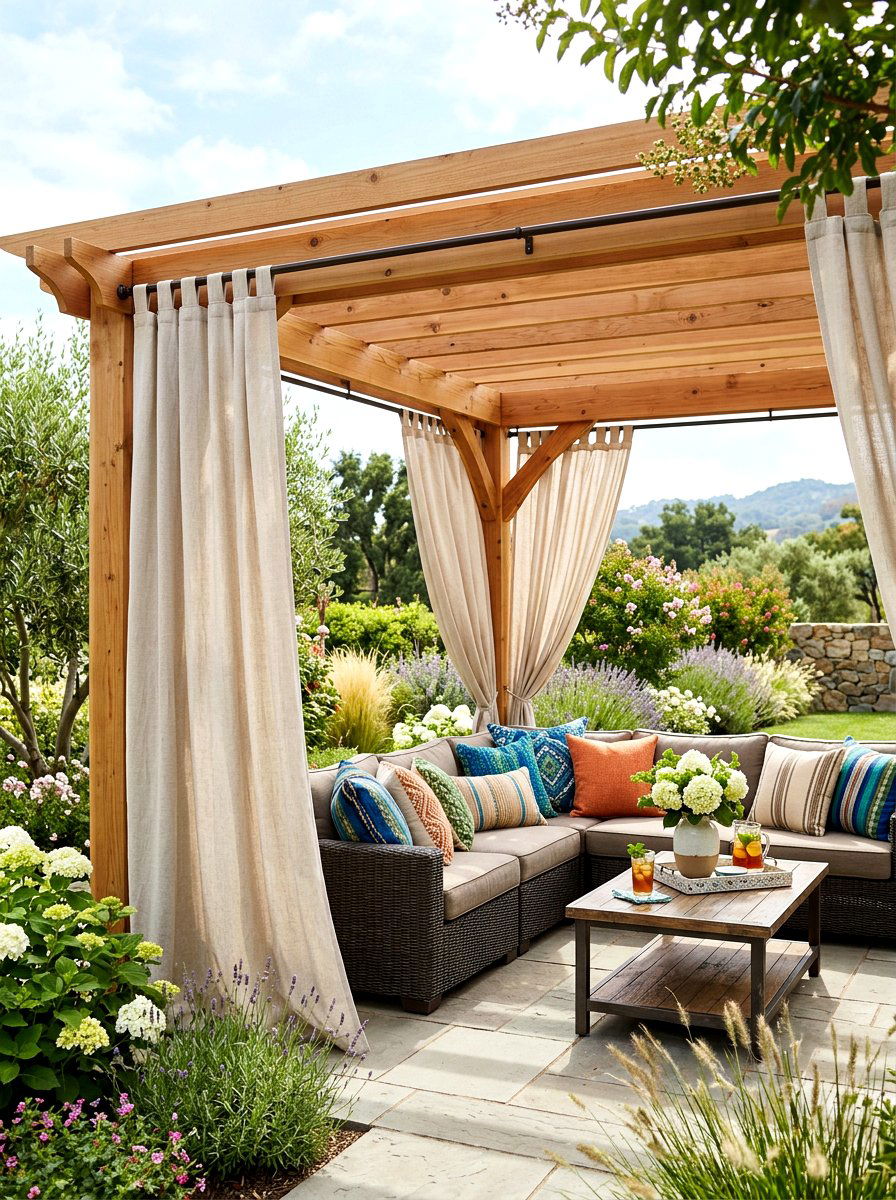 Tab top linen pergola aesthetic - 30 pergola privacy curtain ideas