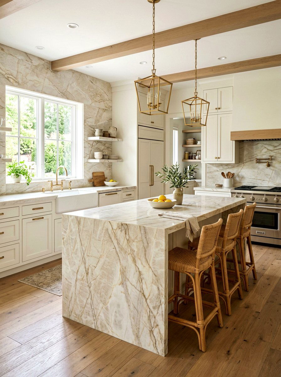Taj Mahal Quartzite Kitchen - 30 full slab stone wall kitchen ideas