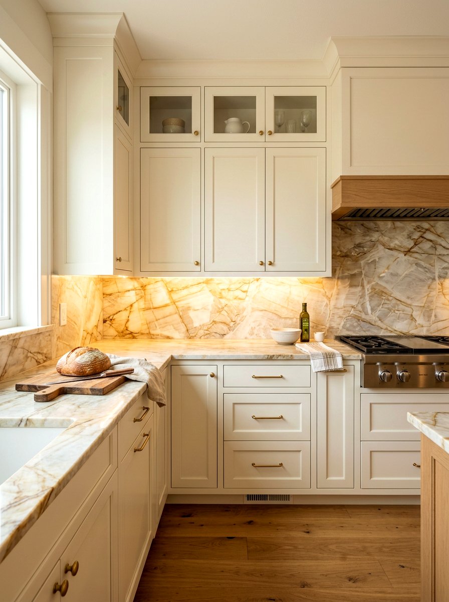 Taj Mahal quartzite backsplash - 30 slab stone backsplash ideas