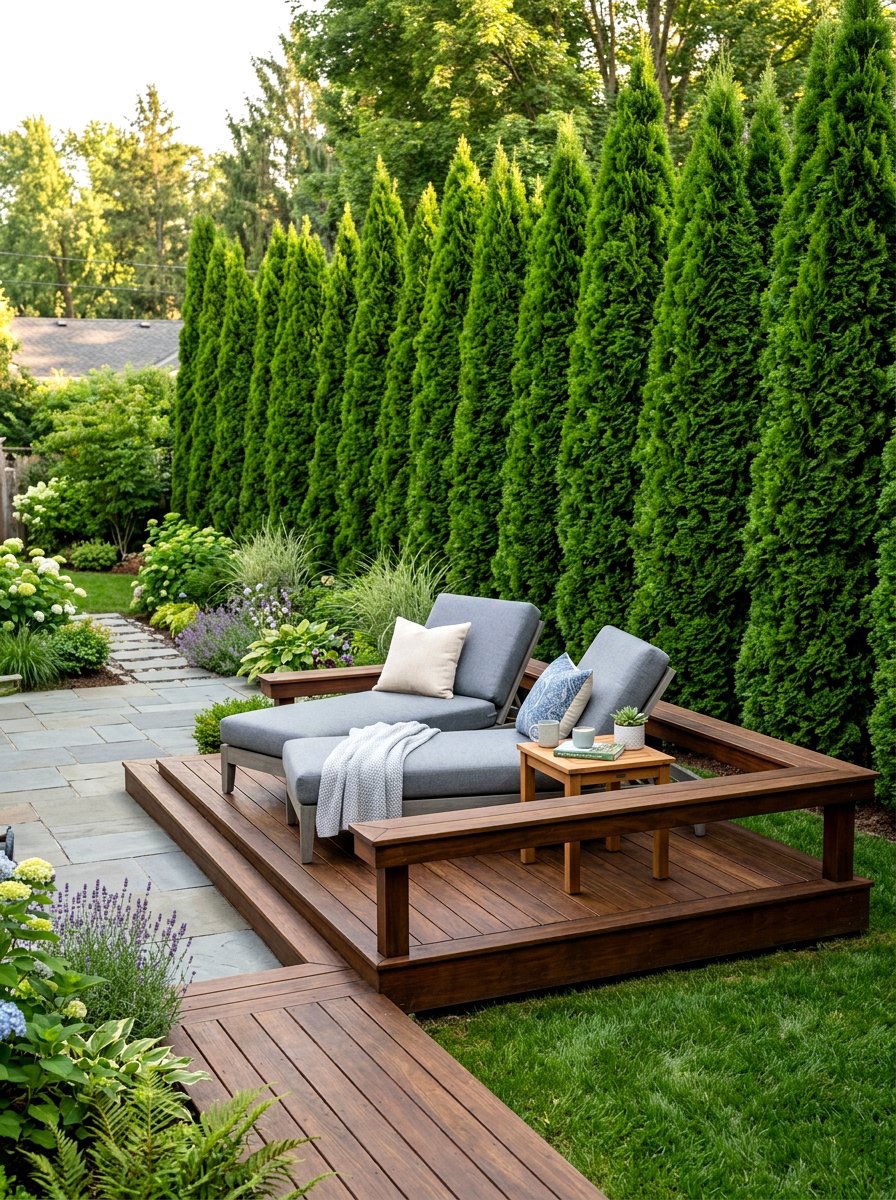 Tall Arborvitae Fence - 30 hedge wall patio ideas