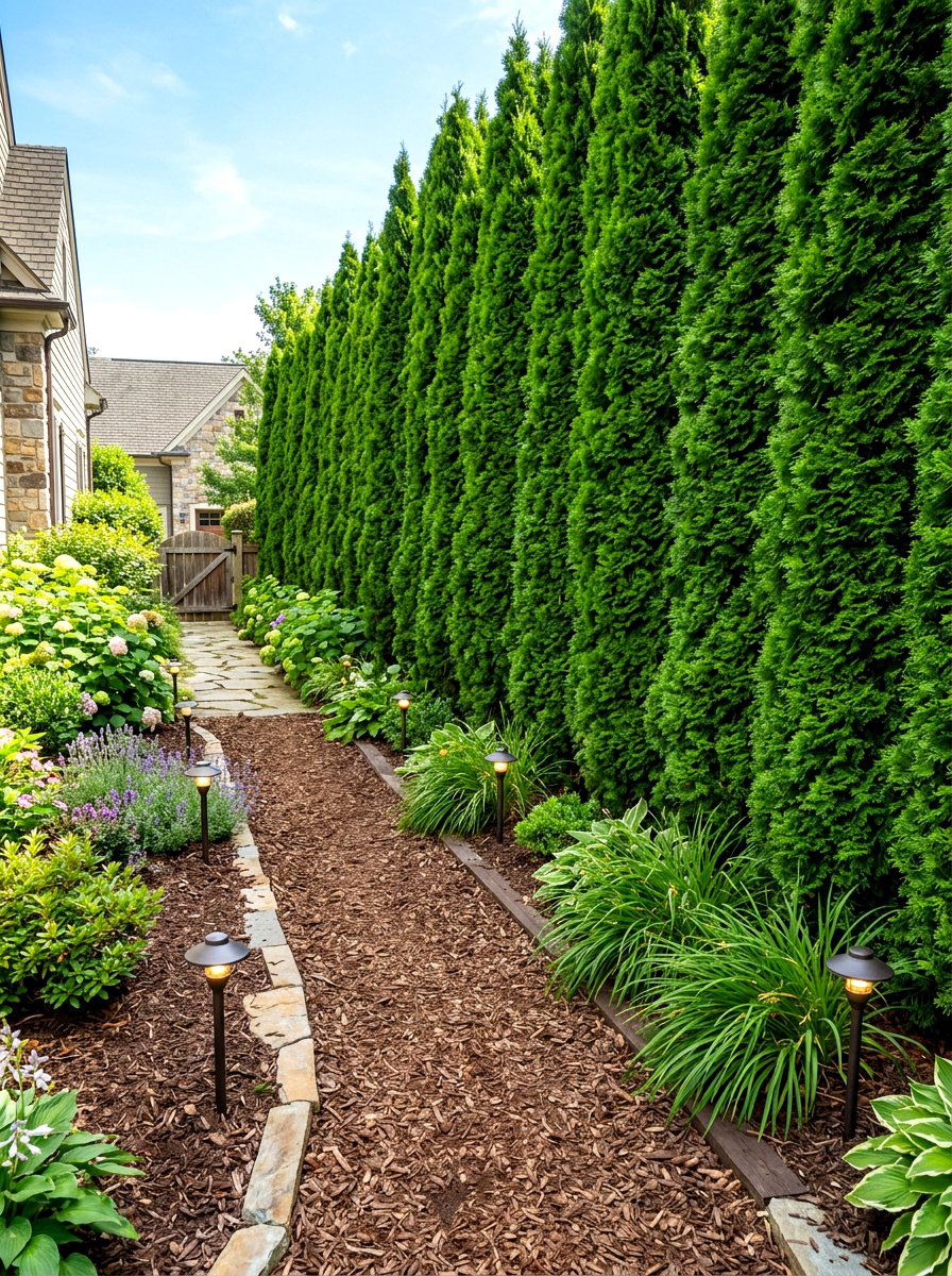 Tall Arborvitae Hedge - 30 side yard privacy ideas