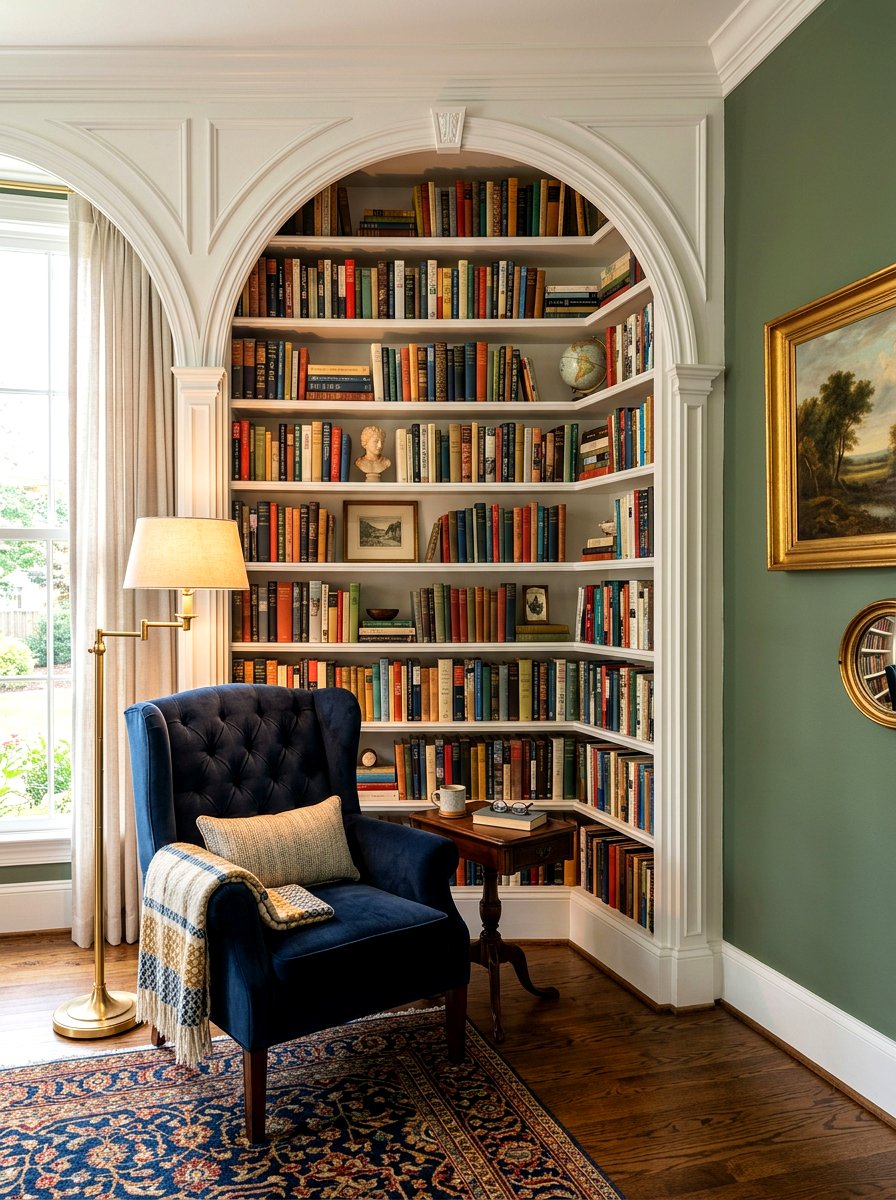 Tall Arched Bookshelf Corner - 30 office reading corner ideas