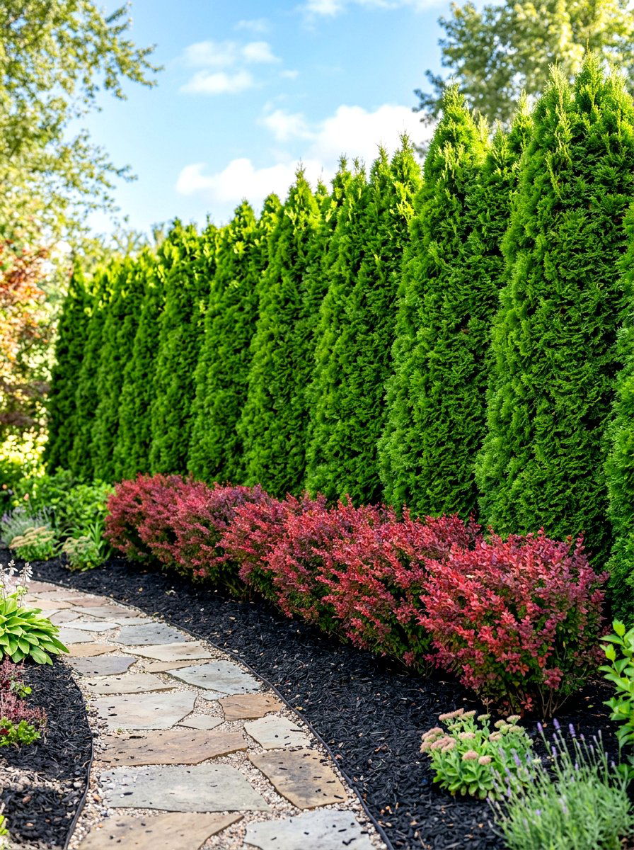 Tall Cedar Screening - 30 layered hedge front yard ideas