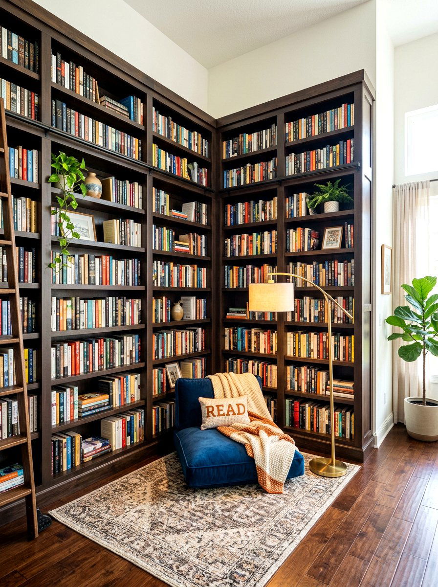 Tall Corner Bookshelf - 30 moody reader nook ideas