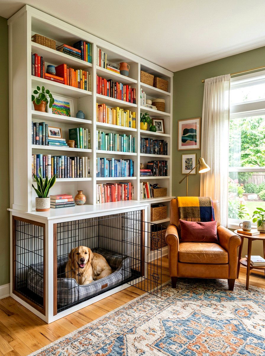 Tall Dog Crate With Bookshelf - 30 dog crate furniture ideas