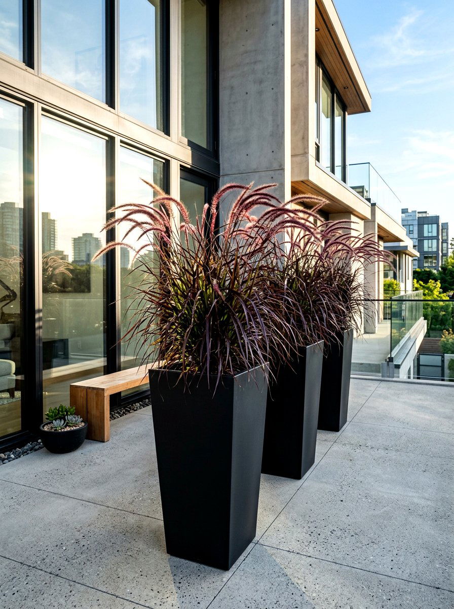 Tall Grasses and Black Pots - 30 porch planter arrangement ideas for summer