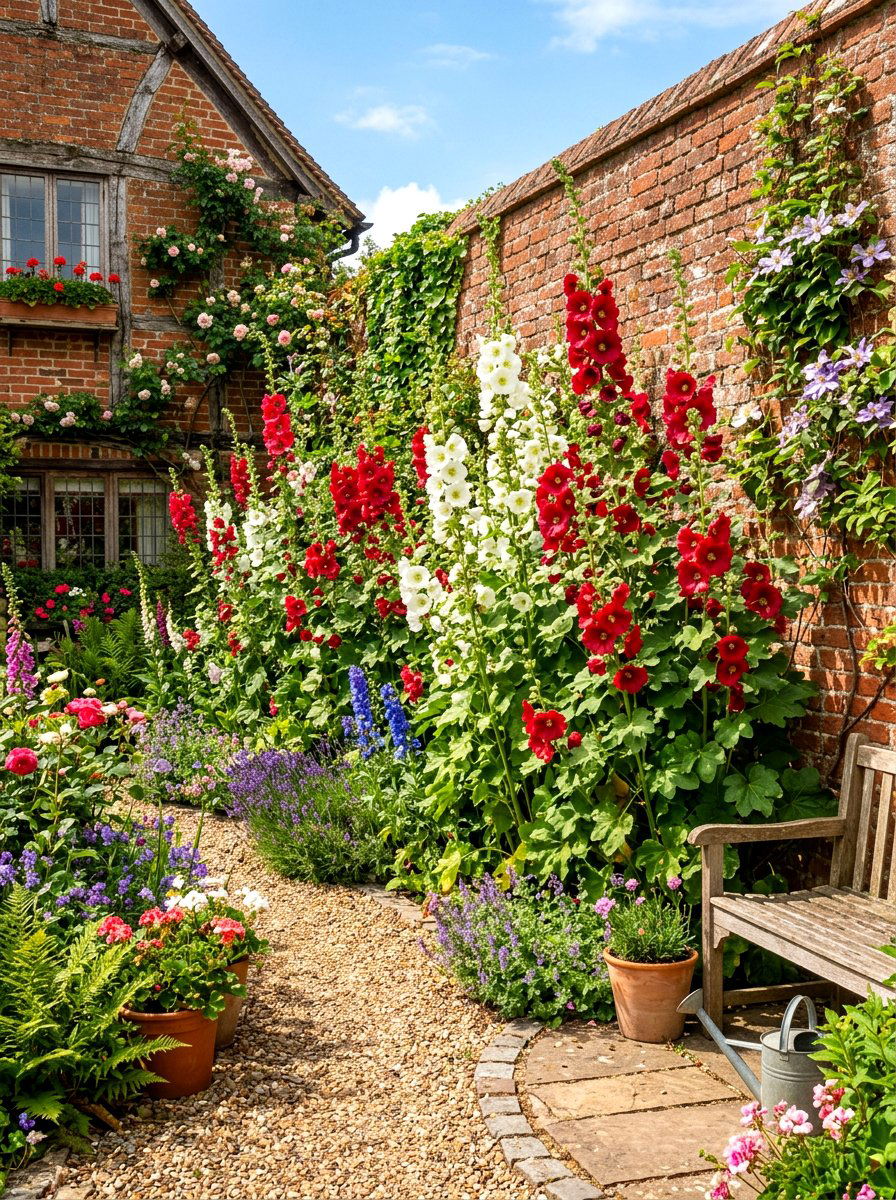 Tall Hollyhock Backdrop Garden - 30 cottage garden ideas