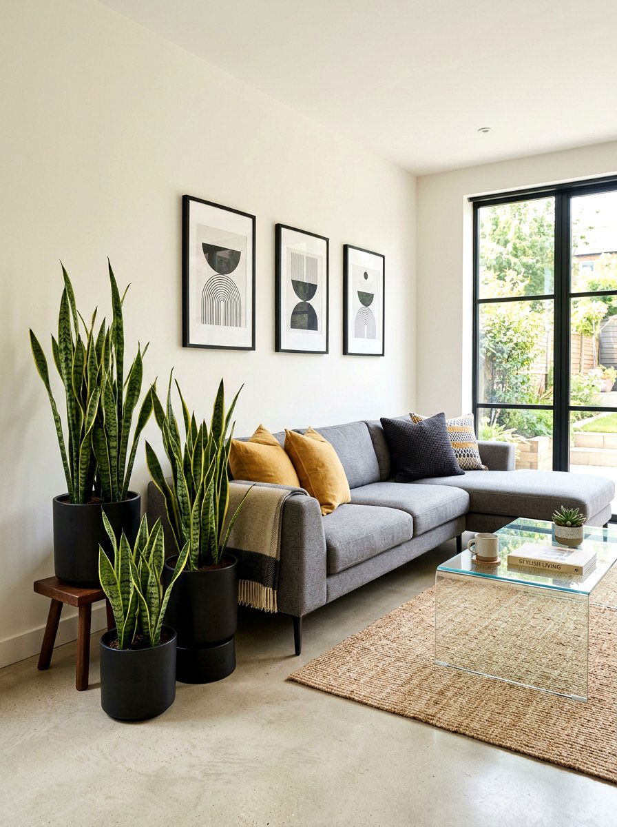 Tall Snake Plant Arrangement - 30 corner plant living room ideas