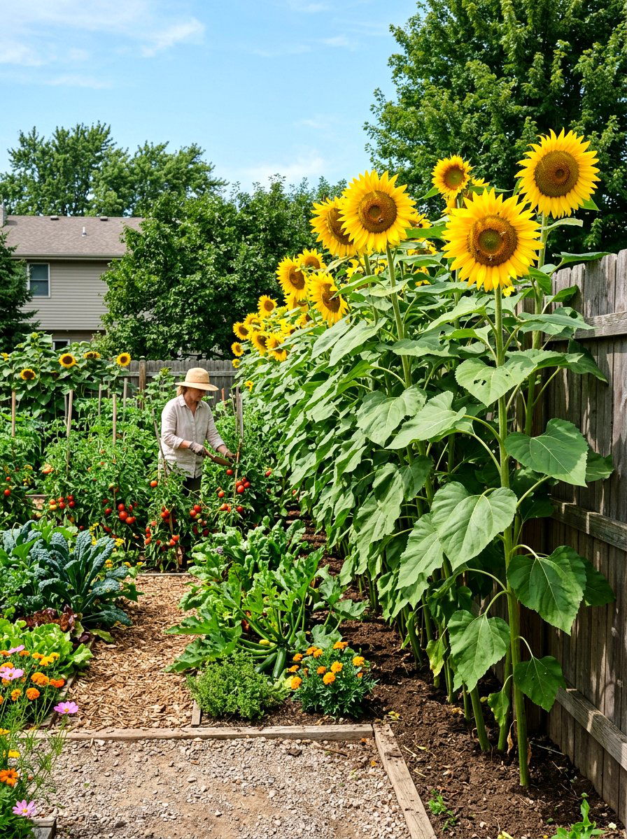 Tall Sunflower Wall - 30 pollinator paradise backyard ideas